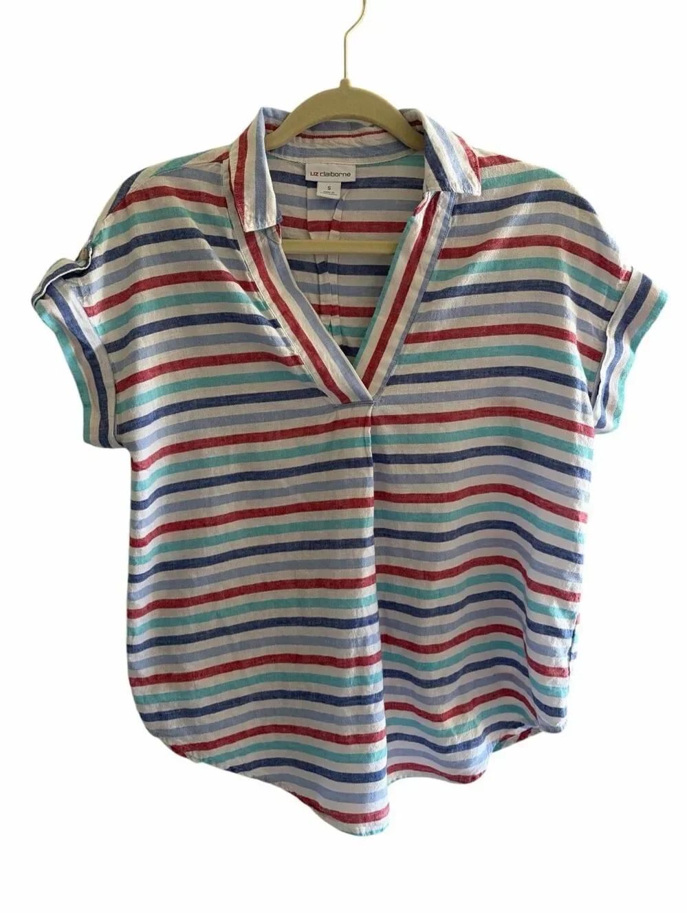 Liz Claiborne Linen Cotton Striped Blouse Top Women’s Size Small Nautical Beach